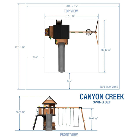 Top and front views of Cedar Wood Swing Set With Wave Slide And Elevated Clubhouse Play Kitchen And Picnic Area Belt And Web Swings Rock Wall Balconies Playhouse Step Ladder And Outdoor Family Playset For Backyard Fun And Imaginative Outdoor Playtime with dimensions.