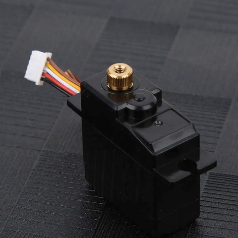 All Metal Heavy Duty Servo For 1 18 Scale Rc Car Black with gold gear top and wires, showing quick swap design and robust build.