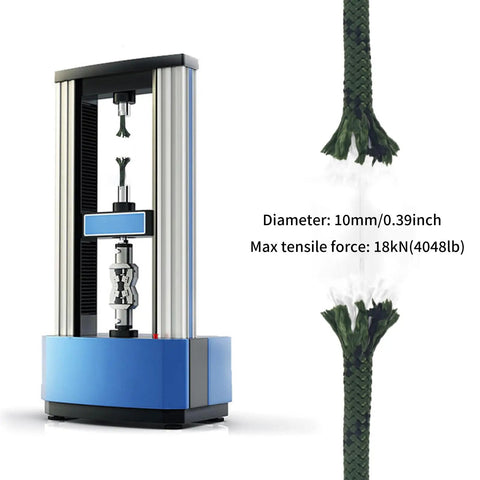 Testing machine measuring the tensile strength of rugged 10 millimeter climbing rope with two steel hooks for outdoor rescue and rappelling