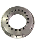 Premium Heavy Duty Rotary Table Bearing Featuring Rock Solid Axial Radial Ball Bearings For Precision Machine Tools And 580Mm Bore Machines Built Tough close-up of shiny steel rotary bearing with mounting holes.