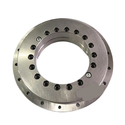 Premium Heavy Duty Rotary Table Bearing Featuring Rock Solid Axial Radial Ball Bearings For Precision Machine Tools And 580Mm Bore Machines Built Tough close-up of shiny steel rotary bearing with mounting holes.