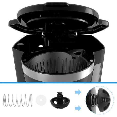 Bottom Loading Brewing Basket Stopper Kit For Coffee Makers, black replacement basket with spring, silicone pad, and stopper
