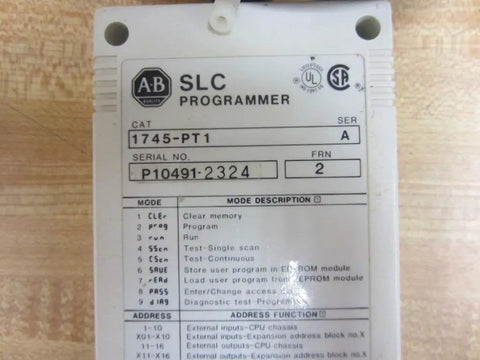Label on 1745-PT1/A SLC SER A Interface Converter Programmer for SLC 100 and 150 PLCs with serial number and FRN2 details