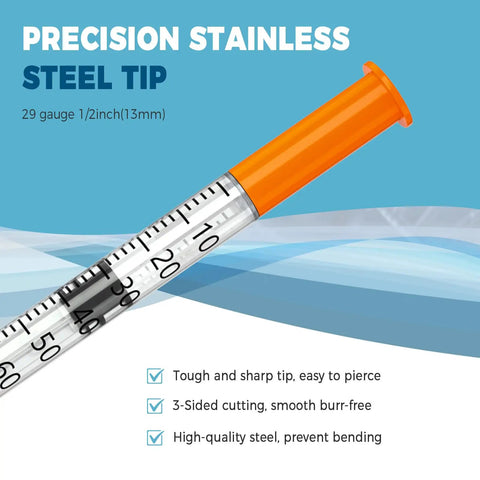 Pro Grade 1 Milliliter Syringe Set 29G Half Inch 13mm Lab Syringes Individually Sealed 100 Pack orange syringe with stainless steel tip, 29G 1/2 inch