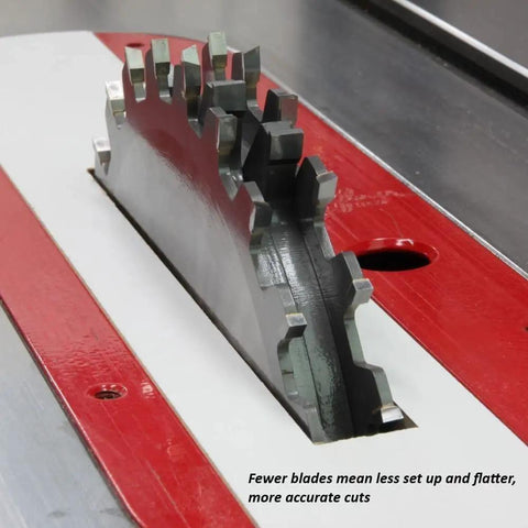 Close-up of 8 Inch Stacked Dado Saw Blade Set for 3/4 Inch Dado with Four Blades installed on a table saw