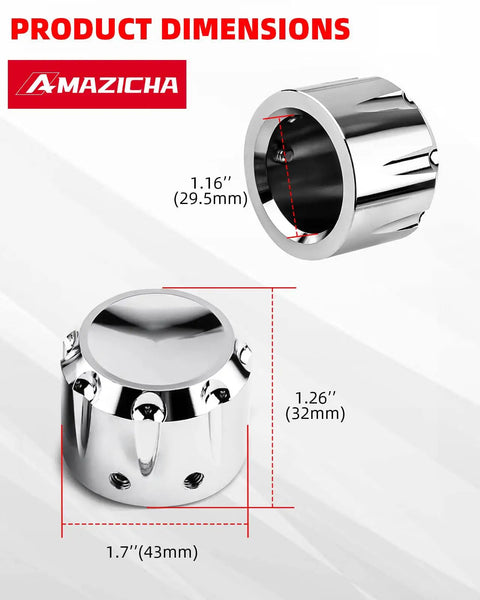Chrome Front Axle Nut Covers for Harley Davidson Touring Dyna Sportster Softail Electra Glide Street Glide Road Glide Models 2002 To 2024 shown with dimensions in inches