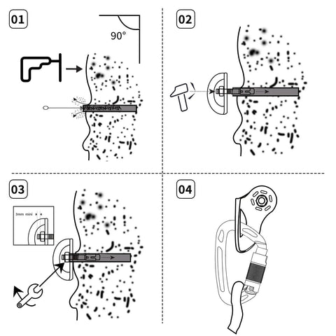 Heavy Duty Stainless Steel Climbing Bolt Hangers installation guide showing steps to mount UIAA Certified Rock Anchor Gear.