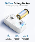 The Real Deal Plug In CO Gas Detector With 10 Year Sealed Battery Plus AC Backup showing battery compartment and 10-year battery.