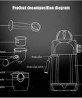 Product decomposition diagram of Home And Small Commercial Espresso Machine With Steam Pump, showing components labeled