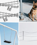 13 Foot Stainless Steel Heavy Duty Chain For Hanging Anchoring And Towing 5mm Thick Links Heat Treated And Welded For 400 Kg Max Load Durable Swing Chain Built To Last Through Tough Jobs displayed with examples of usage, including securing a dog, chain barriers, and a swing.