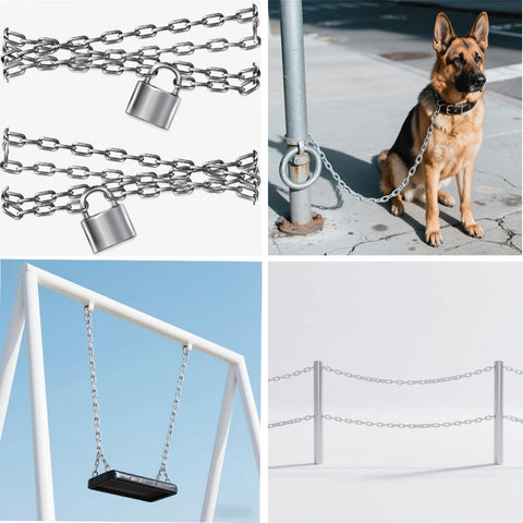 13 Foot Stainless Steel Heavy Duty Chain For Hanging Anchoring And Towing 5mm Thick Links Heat Treated And Welded For 400 Kg Max Load Durable Swing Chain Built To Last Through Tough Jobs displayed with examples of usage, including securing a dog, chain barriers, and a swing.