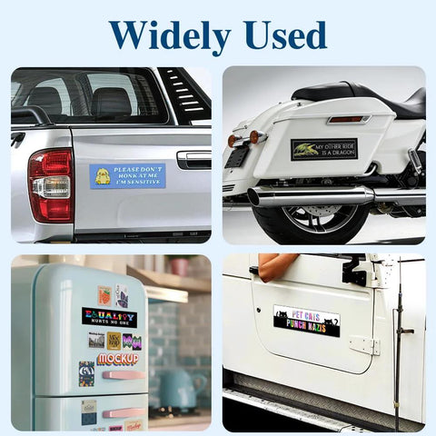Car bumper magnet sticker set (4 designs) collage: pickup rear, motorcycle, fridge, and Jeep; waterproof.