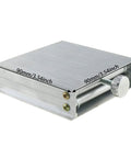 Aluminum lab lifting platform with ribbed surface and screw knob (angled side view)