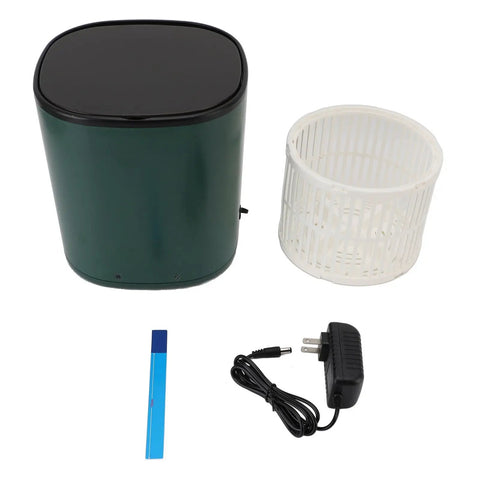 Snag This Game Changing Portable Mini Washer Built For Cramped Quarters And Dorm Life With Quick Self Draining Basin ABS Build Ideal For Socks And Underwear Plus Sleek Green Finish That Truly Slaps showing the green mini washer with draining basket and power cable.