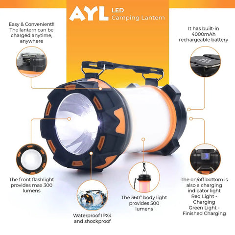 Rechargeable LED Camping Lantern With 360 Degree Illumination, Super Bright Lantern And Spotlight, Doubles As Power Bank, IPX4 Waterproof