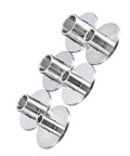 Smooth Sailing Stainless Steel Router Guide Bushing Kit With Six Quick Swap Sizes, showing four steel bushings for precision routing.
