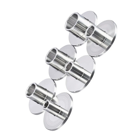 Smooth Sailing Stainless Steel Router Guide Bushing Kit With Six Quick Swap Sizes, showing four steel bushings for precision routing.