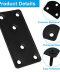 Close-up of Six Pack Mending Plates 1.57 by 3.15 Inch Black Stainless Steel Flat Brackets showing product features like thickened design.