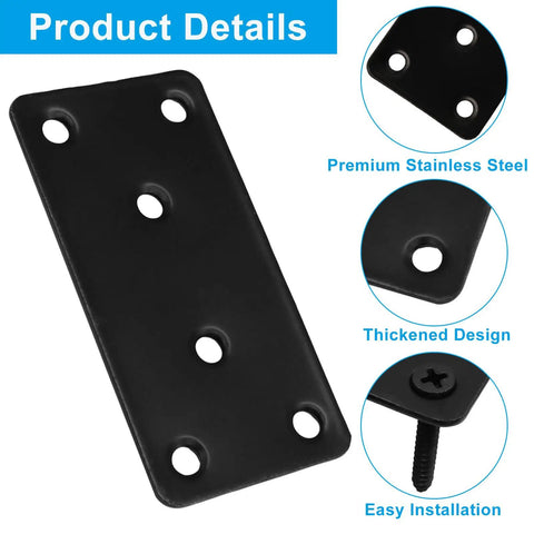 Close-up of Six Pack Mending Plates 1.57 by 3.15 Inch Black Stainless Steel Flat Brackets showing product features like thickened design.