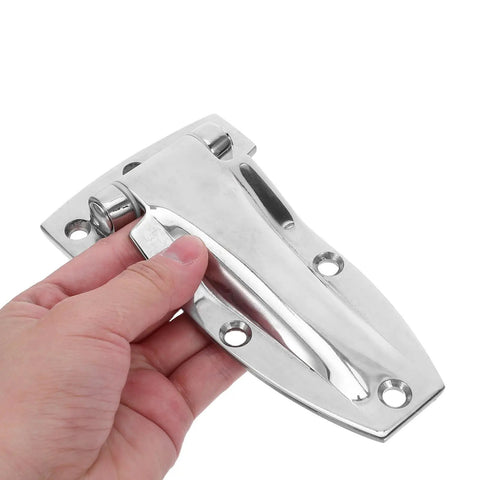 Hand holding heavy duty stainless steel swing door hinge for box trucks and cargo containers, high load bearing silver hinge