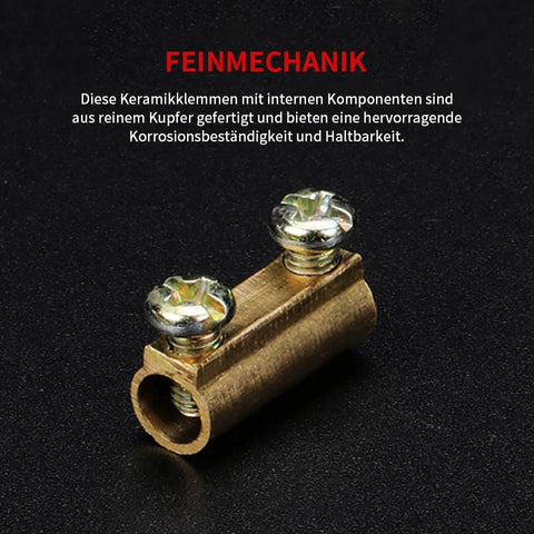 Close-up of 1-Way ceramic terminal block with two screws; brass-colored body