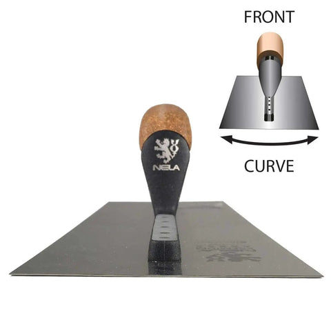 Premium Superflex Finishing Trowel 11 By 4.3 Inches With Cork Handle BiKo Grip, German Made Quality, front view and blade curve