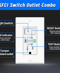 GFCI Switch Outlet Combo with light switch, LED indicator, reset and test buttons in clean white design, features tamper-resistant outlet.