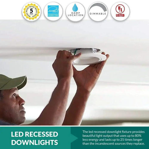Man installing 6 Inch Led Recessed Can Lights 14 Watt 1100 Lumens 3000K Soft White Dimmable Retrofit Kit For Replacing 100W Can Lights