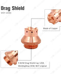 Drag Shield Cap Replacement 9-8258 for 120A Plasma Torch made of copper, close-up view showing details of welding accessories.