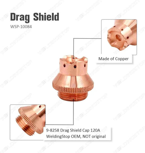 Drag Shield Cap Replacement 9-8258 for 120A Plasma Torch made of copper, close-up view showing details of welding accessories.