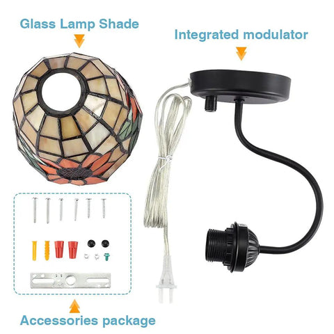 Bedside Wall Mount Lamp With Dimmable Switch, Industrial Gooseneck Sconce With Plug In Cord, Sea Blue Stained Glass Shade parts