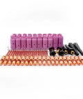 68 Piece TIG Welder Consumables Kit For WP 17 18 26 with collets, back caps, alumina nozzles, and ceramic cups displayed