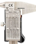 Back view of Handy Digital Stainless Steel Caliper Micrometer With Inch And Millimeter Conversion, detailed measurement chart visible.