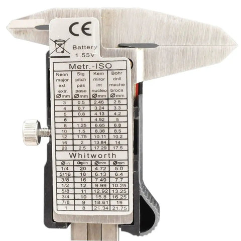 Back view of Handy Digital Stainless Steel Caliper Micrometer With Inch And Millimeter Conversion, detailed measurement chart visible.