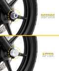 Before and after installation of Chrome Front Axle Nut Covers For Harley Davidson Touring Softail Dyna VRSC Sportster And XL Models 2002 2024 Front Axle Caps That Fit Road King Electra Glide Street Glide XL 883 1200 No Brainer Install