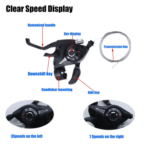 Sweet 21 Speed Bike Shifter And Brake Lever Set With Optical Gear Indicator showing 3 speeds left, 7 speeds right.