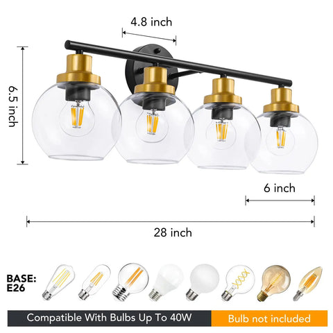 4 Light Vintage Style Bathroom Vanity Light Fixture With Clear Globe Glass Shades, Black And Brass Gold Accents, 28 Inch