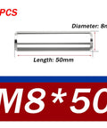 Front view of 8x50mm solid metal pins, 5 pack, 304 stainless steel dowel pins for CNC machining and alignment projects
