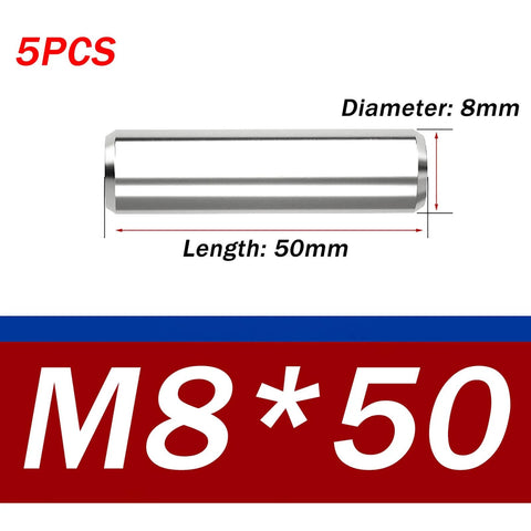 Front view of 8x50mm solid metal pins, 5 pack, 304 stainless steel dowel pins for CNC machining and alignment projects