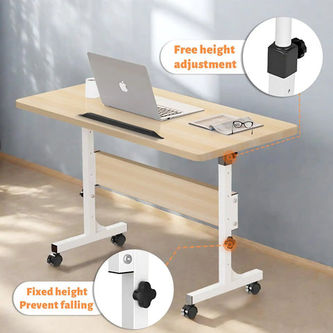Rolling Desk On Wheels With Adjustable Height For Laptops And Home Office Use, showing height adjustment knobs and natural wood finish
