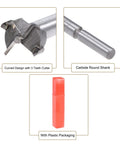 Pro Grade Carbide Tipped Forstner Drill Bits Set With 16mm And 17mm Hole Saw Blades For No Sweat Woodworking Plywood Mdf And Door Hinge Upgrade Projects close-up of carbide teeth drill bit and round shank with red plastic packaging