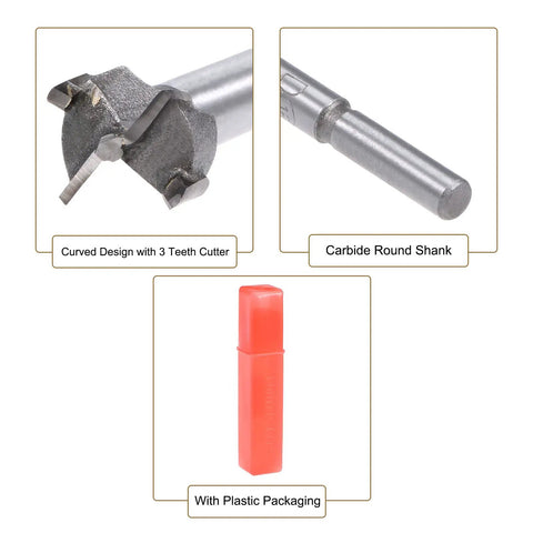 Pro Grade Carbide Tipped Forstner Drill Bits Set With 16mm And 17mm Hole Saw Blades For No Sweat Woodworking Plywood Mdf And Door Hinge Upgrade Projects close-up of carbide teeth drill bit and round shank with red plastic packaging