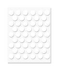 Sheet of 50 white self-adhesive screw hole sticker caps, 14 mm, dust proof, water resistant PVC covers for wood cabinets and furniture.