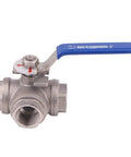 Front view of Three Way Ball Valve With T Mounting Pad Built Tough Stainless Steel 304 With Vinyl Locking Handle Three Quarter Inch NPT 1000 WOG