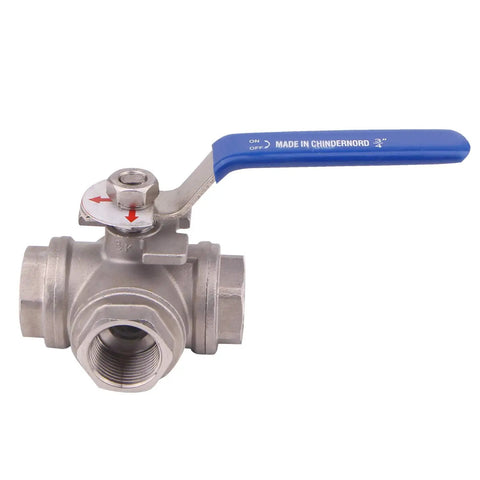 Front view of Three Way Ball Valve With T Mounting Pad Built Tough Stainless Steel 304 With Vinyl Locking Handle Three Quarter Inch NPT 1000 WOG