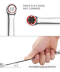 Close-up of Premium 15 Piece Wrench Set Built Tough With Chrome Vanadium Steel Long Pattern Design Metric Sizes 8mm To 22mm in use.