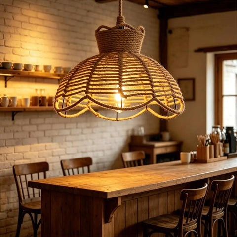 YNAHZAOK Hand-Woven Jute Rope Pendant Light Wrapped Iron Frame Hanging Lamp with Natural Hemp Rope Cord above wooden table.