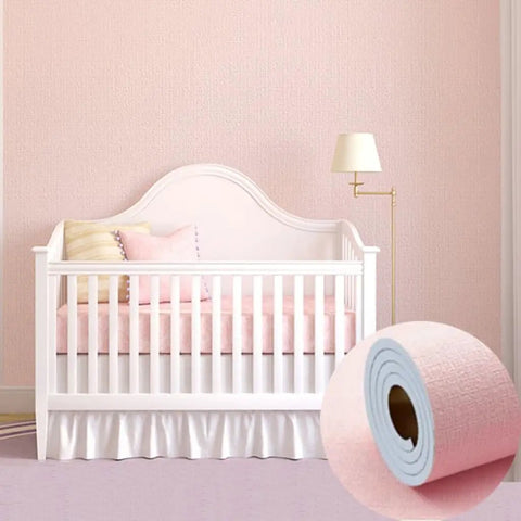 Stress Free Peel And Stick Wallpaper Roll, Removable Self Adhesive Vinyl With Thick Insulation Backing, DIY Accent Wall Glow Up For Laidback Home Vibes, Soft Pink Concrete Texture, Nine Millimeter in a nursery setting.