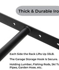 Close-up of iron T bar on Overhead Garage Storage Hooks 4 Pack Heavy Duty Ceiling Mount Hangers With Double T Bar Metal Ceiling Racks.