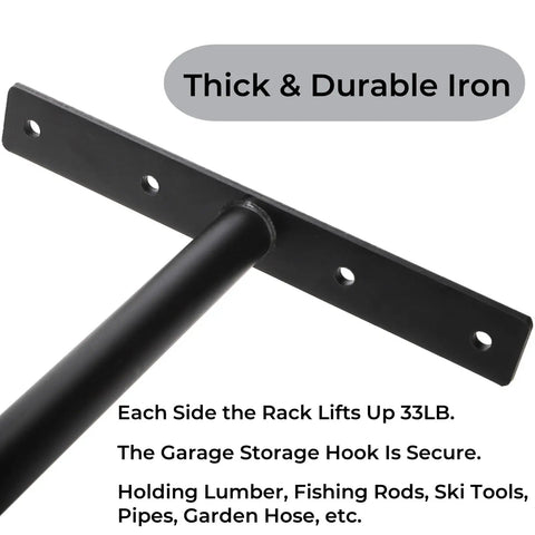 Close-up of iron T bar on Overhead Garage Storage Hooks 4 Pack Heavy Duty Ceiling Mount Hangers With Double T Bar Metal Ceiling Racks.
